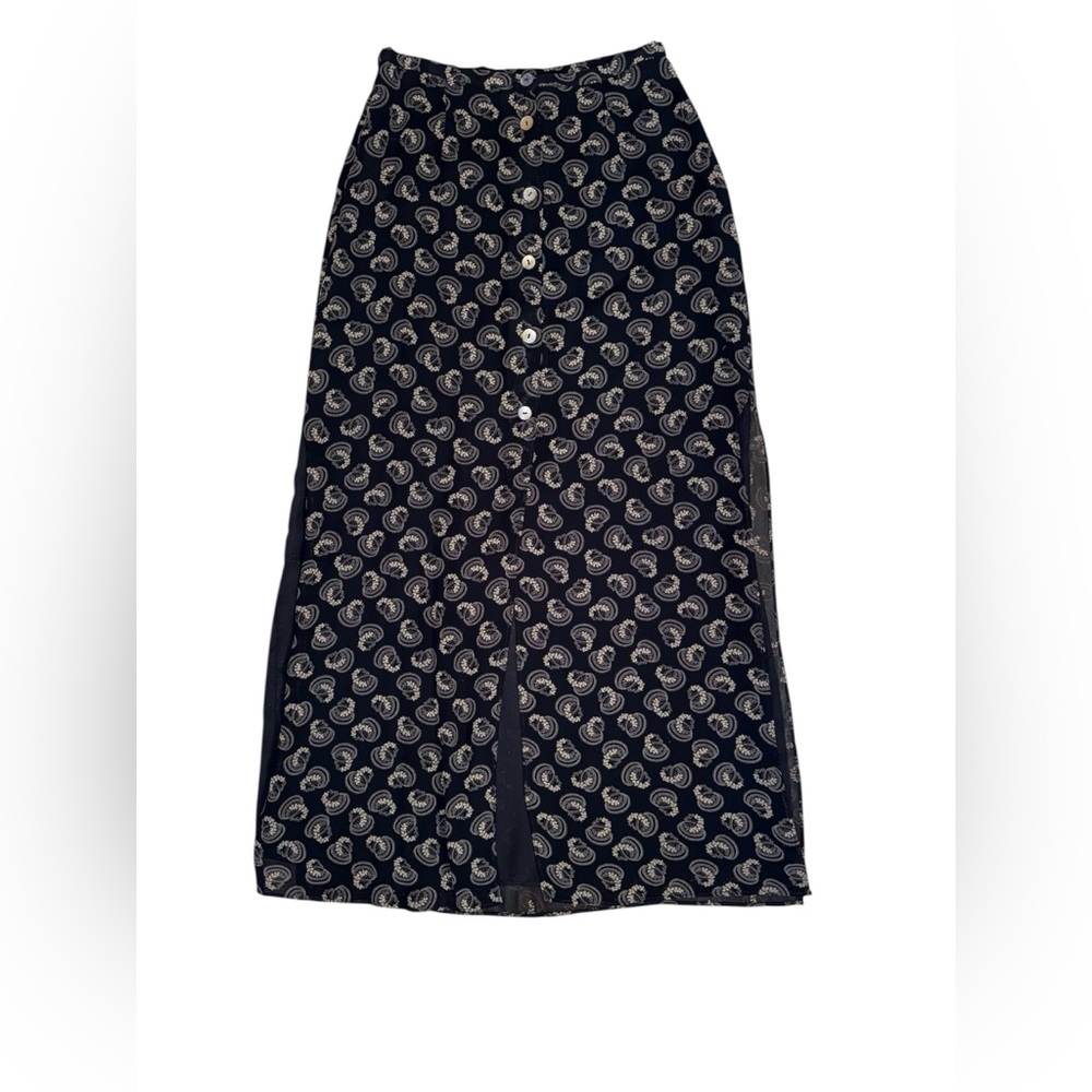 Max Studio Collection Blk/Beige Fern Print Maxi Skirt S Triple Slit Vintage Y2K